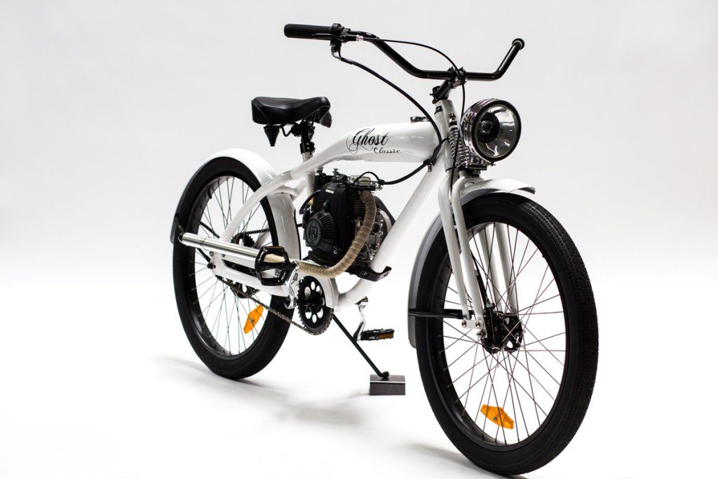 A white bike is shown against a white background.