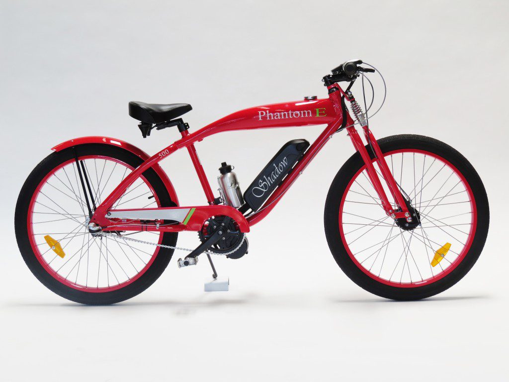 A red electric bike is shown against a white background.