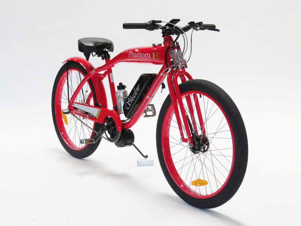 A red electric bike is shown against a white background.