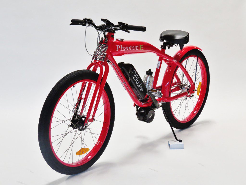 A red electric bike is shown against a white background.