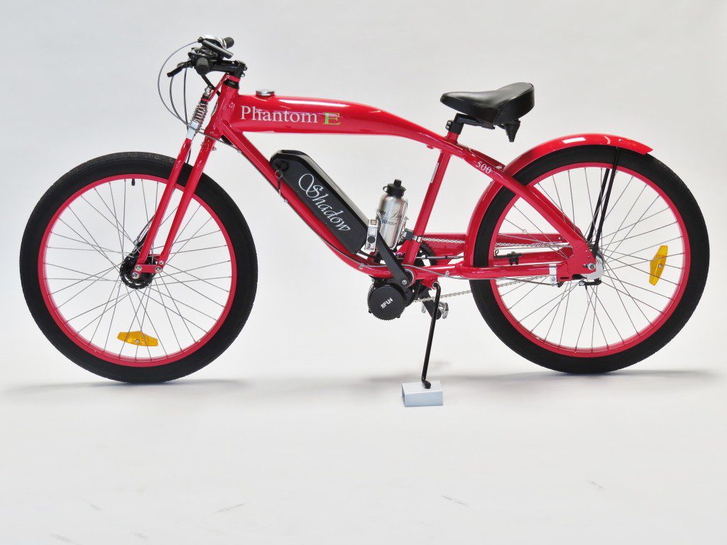 A red electric bike is shown against a white background.