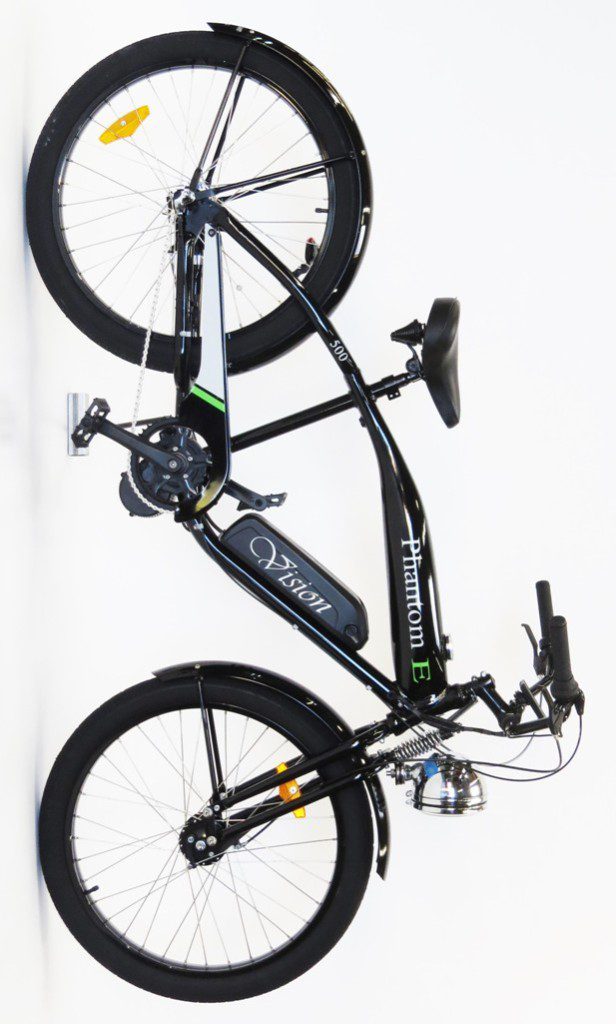 A black bicycle is shown against a white background.