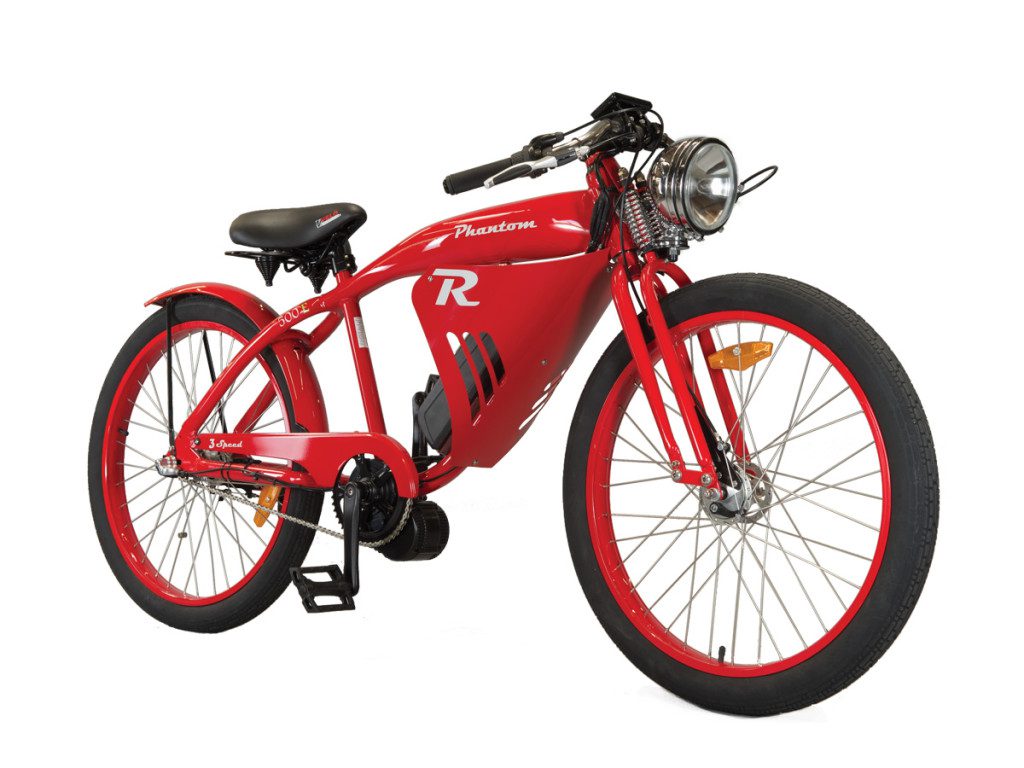 A red electric bike is shown against a white background.