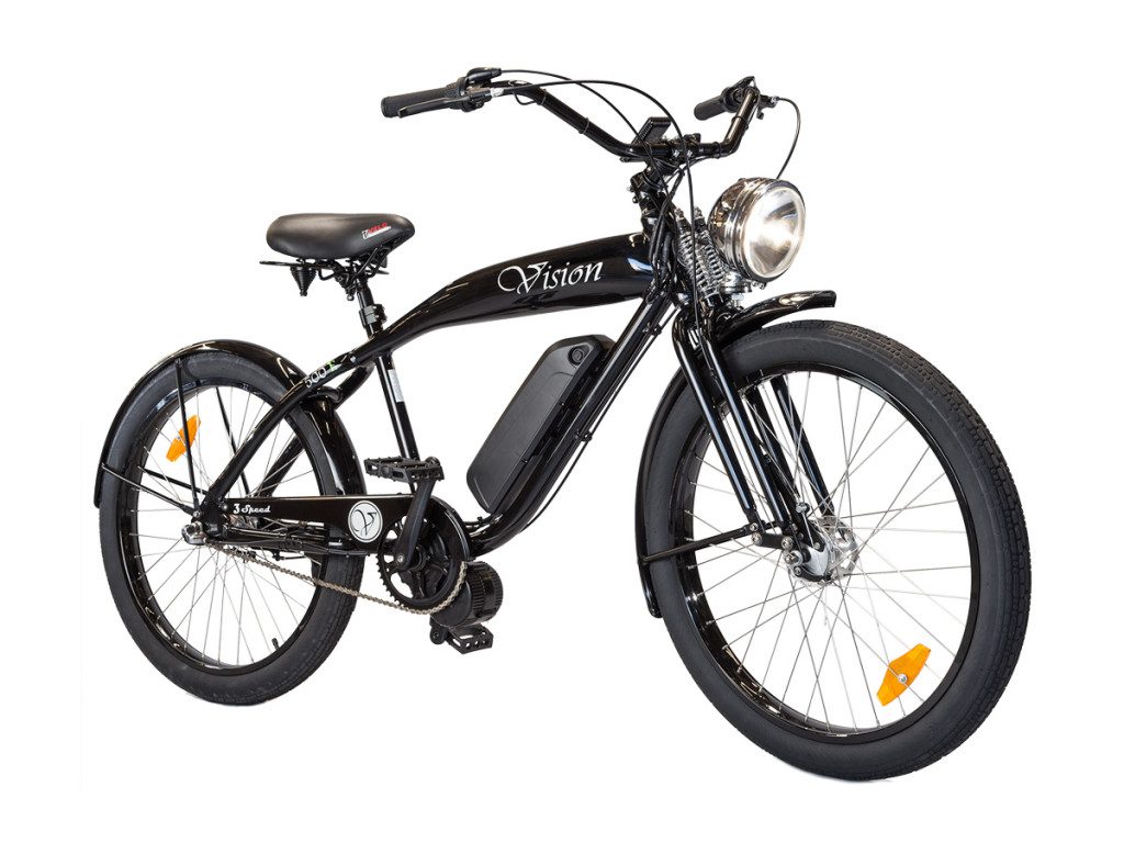 A black electric bike is shown against a white background.