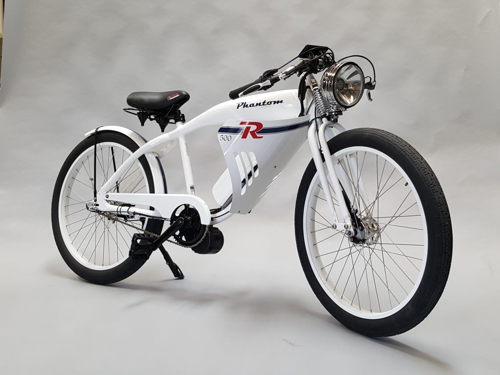 A white electric bike is shown against a white background.