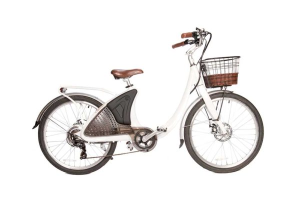 Phantom Swirl electric bike in white with a front basket