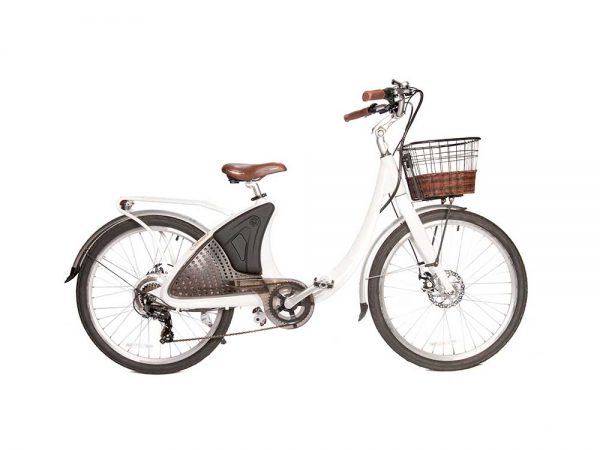 Phantom Swirl electric bike in white with a front basket