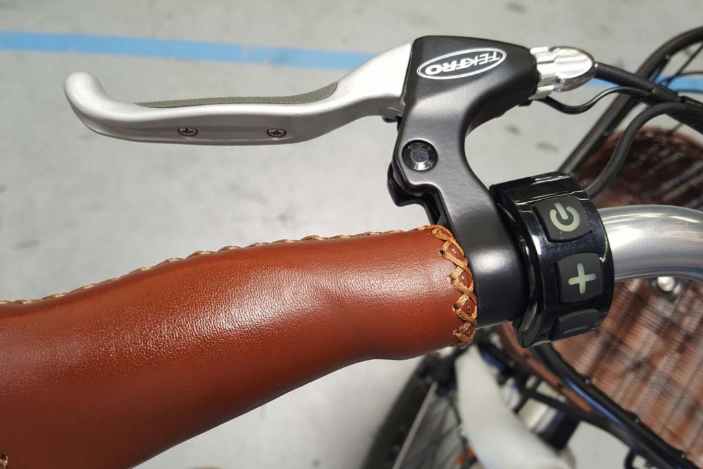 Leather hand grips and push start on Phantom Swirl electric bike