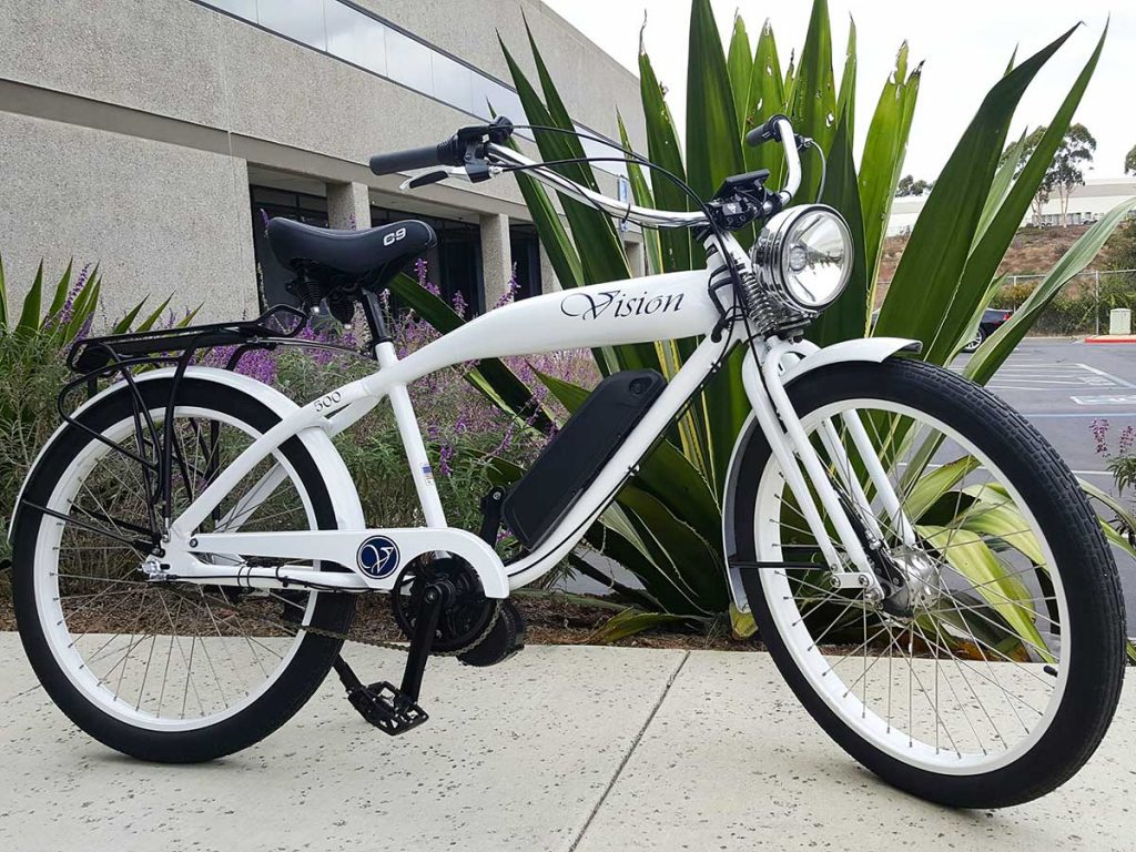 White Phantom Vision electric cruiser bike by Phantom Bikes