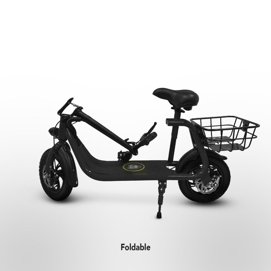 A black EZGO C1 electric scooter with basket and basket.