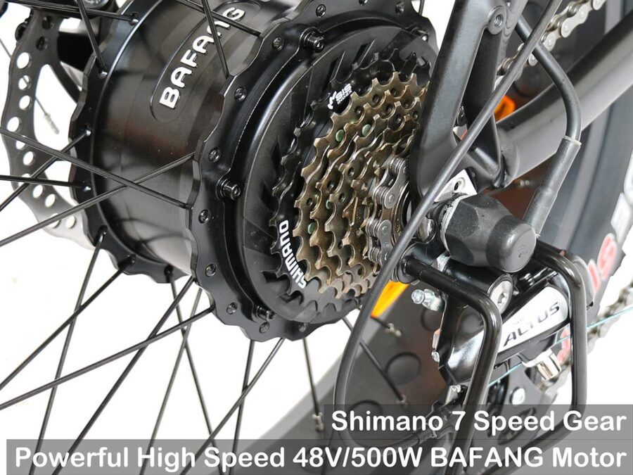 A Bafang 500w electric motor and a Shimano 7-speed gears on an e-bike