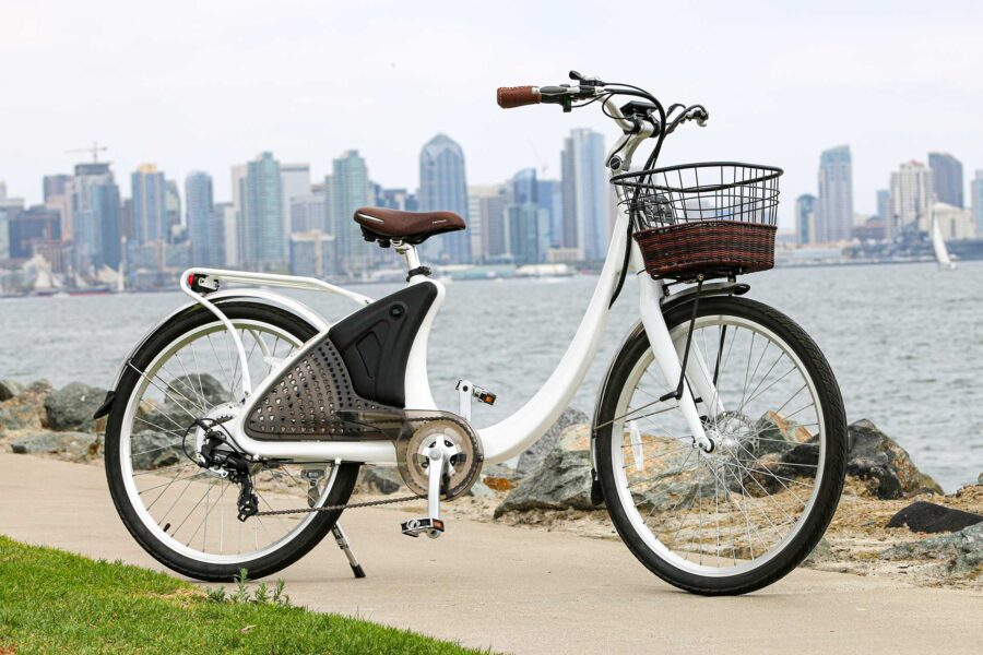 The Phantom Swirl e-bike with the San Diego skyline in the background